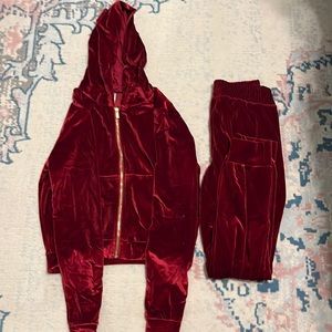 Red velour Fabletics sweatsuit